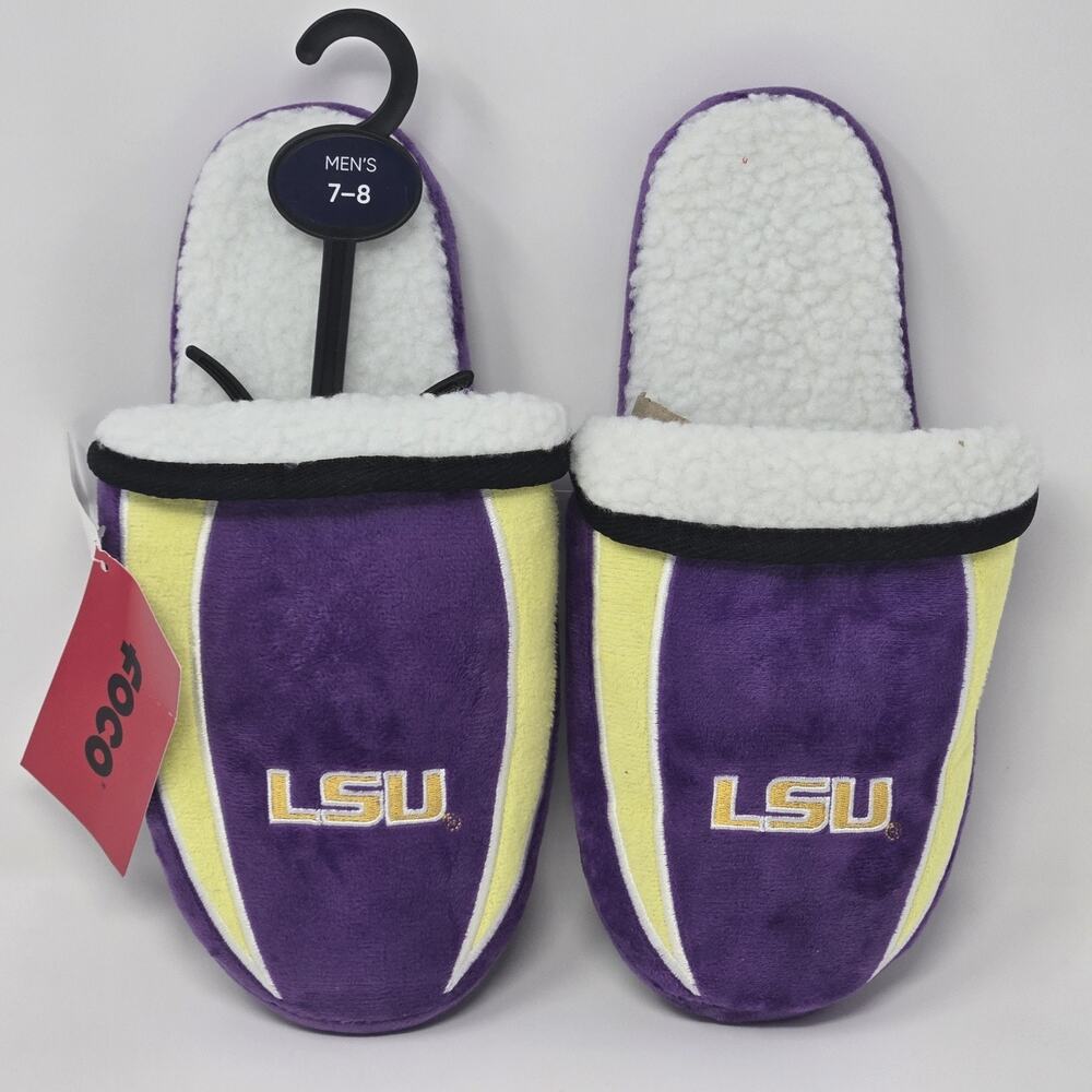 LSU Tigers Slippers NCAA Mens Size 7-8 Purple Gold FOCO Sherpa Lined Slide